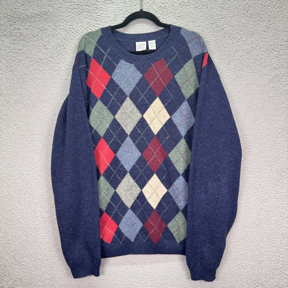 Field Gear Sweater Mens XXLT Blue Red Argyle Lambswool Blend Crewneck Old Money
